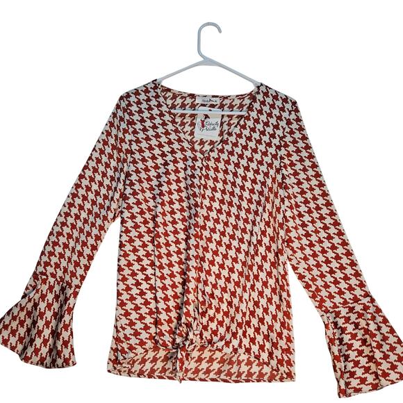 Perfectly Priscilla Tops - Perfectly Priscilla Cream Red Houndstooth Top Bell Sleeve Tie Bottom Small NWT